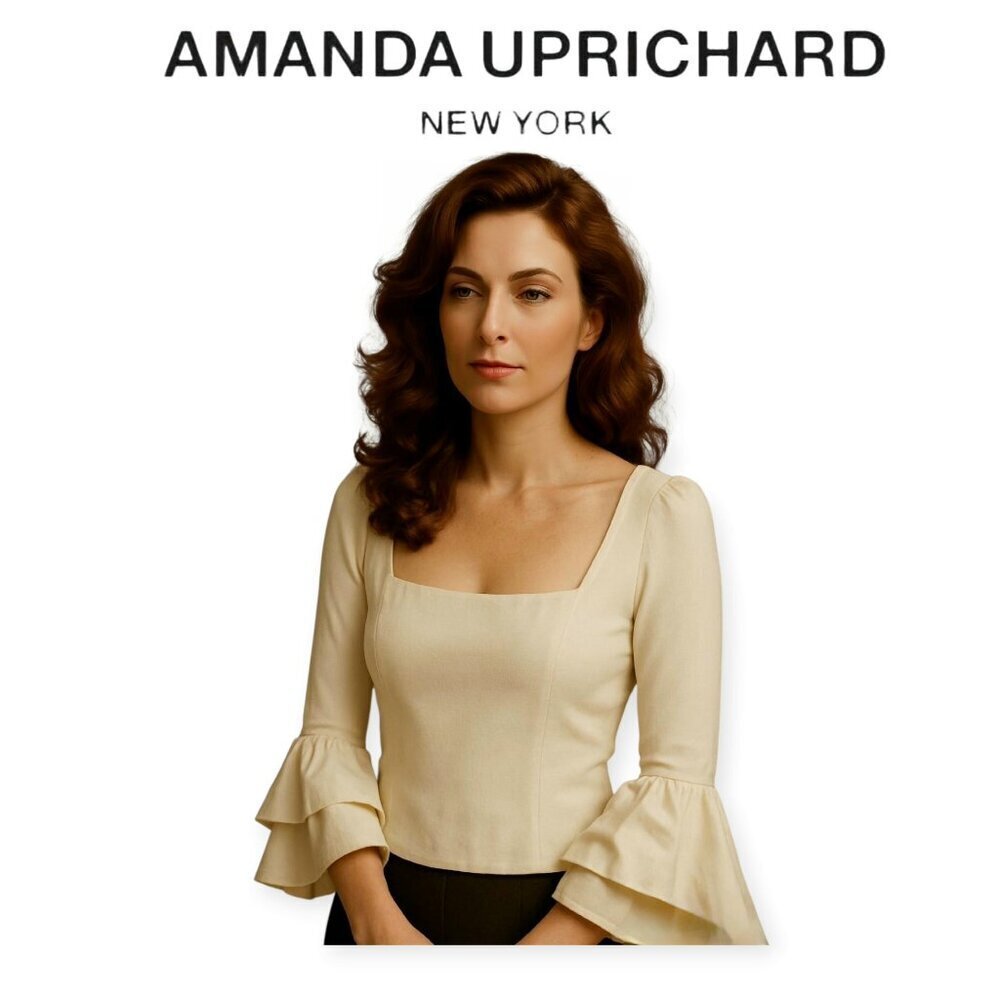 Amanda Uprichard Cream Square Neck Statement Sleeve Long Sleeve Elegant Top XS